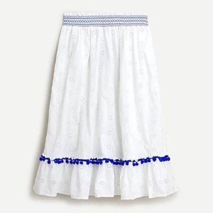 J Crew White Eyelet Midi Peasant Skirt Blue Pom Pom Trim
